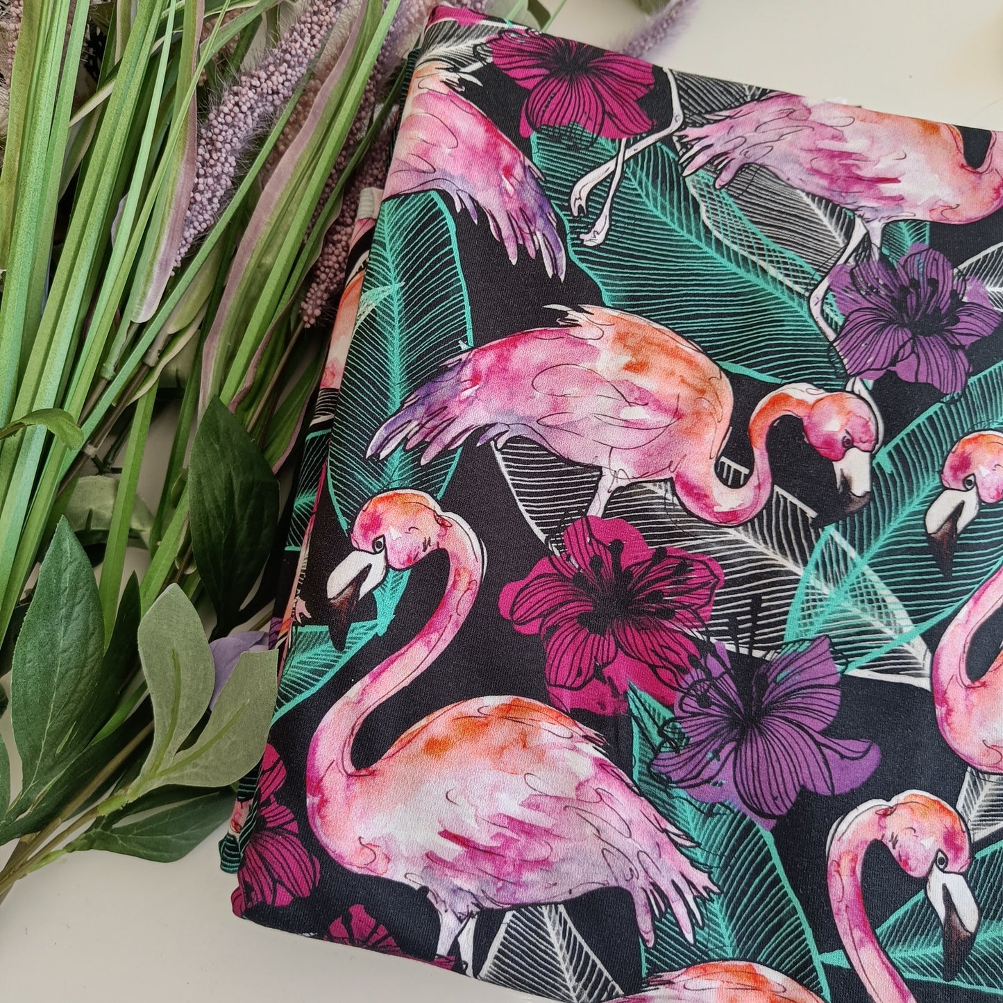 Flamingo musta n. 1m pala (digiprintti-trikoo)