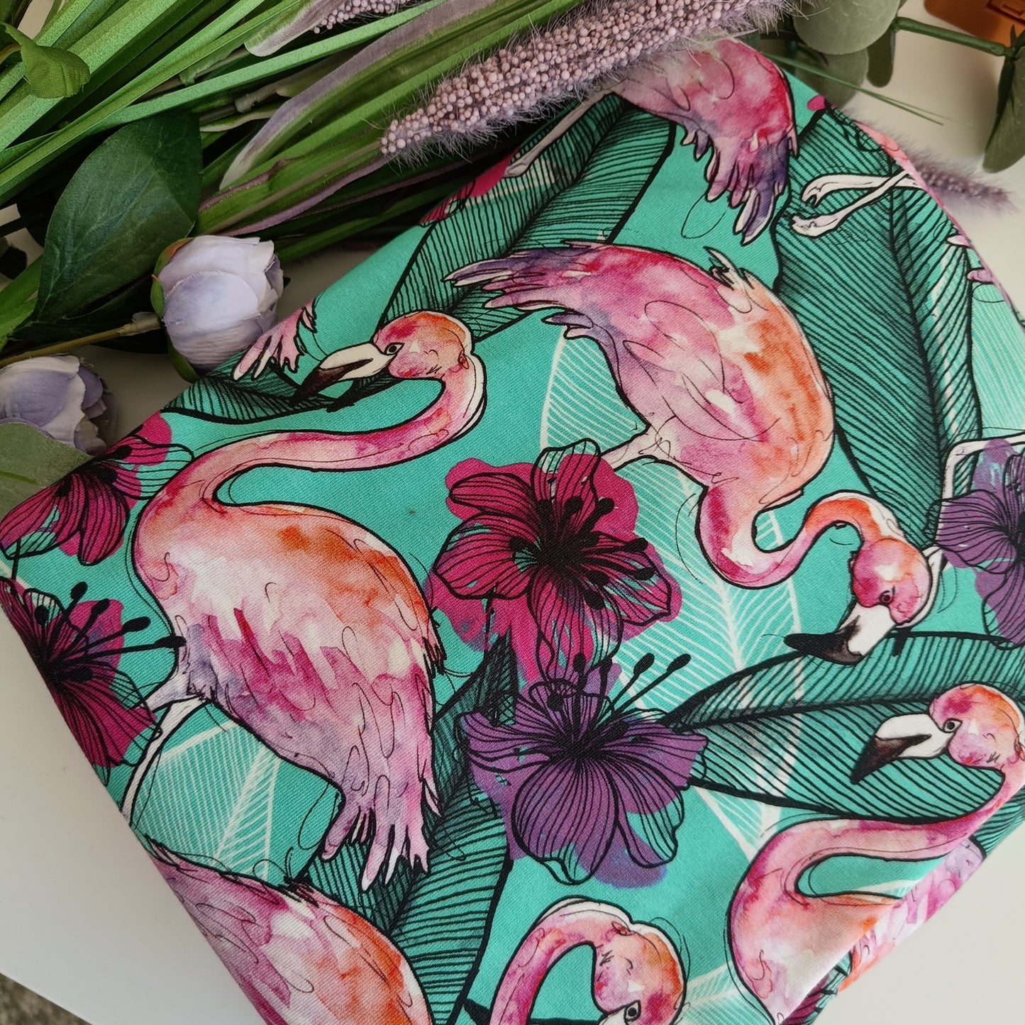 Flamingo turkoosi n. 1m pala (digiprintti-trikoo)