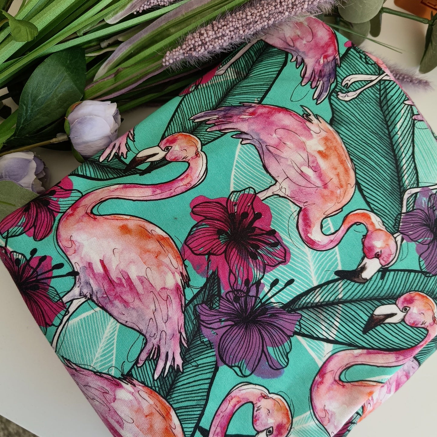 Flamingo turkoosi n. 1,5m pala (digiprintti-trikoo)